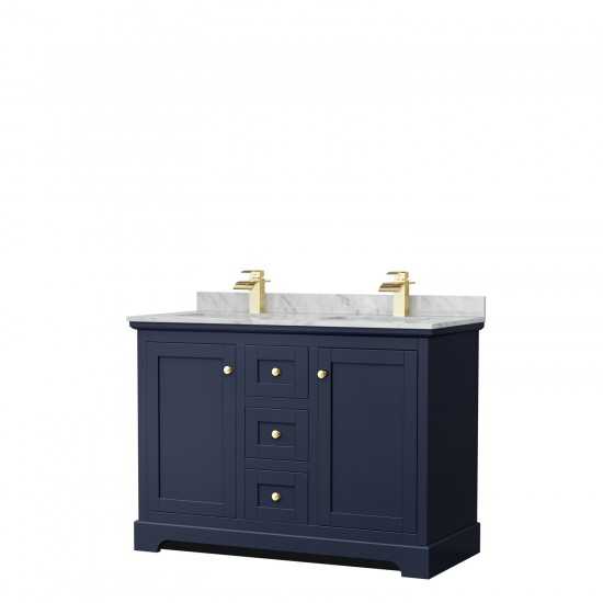 48 Inch Double Bathroom Vanity in Dark Blue, White Carrara Marble Countertop, Sinks, No Mirror