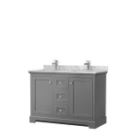 48 Inch Double Bathroom Vanity in Dark Gray, White Carrara Marble Countertop, Sinks, No Mirror