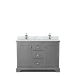 48 Inch Double Bathroom Vanity in Dark Gray, White Carrara Marble Countertop, Sinks, No Mirror