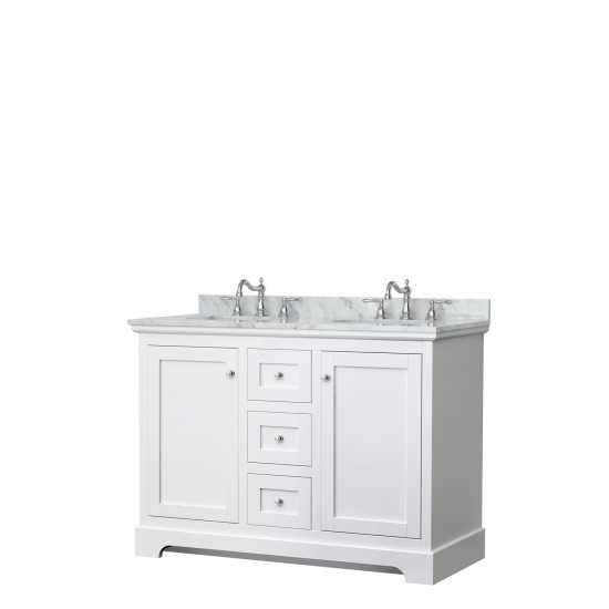 48 Inch Double Bathroom Vanity in White, White Carrara Marble Countertop, Oval Sinks, No Mirror