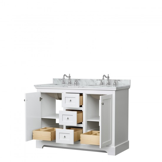 48 Inch Double Bathroom Vanity in White, White Carrara Marble Countertop, Oval Sinks, No Mirror