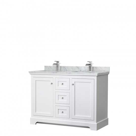 48 Inch Double Bathroom Vanity in White, White Carrara Marble Countertop, Sinks, No Mirror