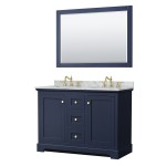 48 Inch Double Bathroom Vanity in Dark Blue, White Carrara Marble Countertop, Oval Sinks, 46 Inch Mirror