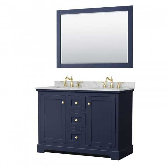 48 Inch Double Bathroom Vanity in Dark Blue, White Carrara Marble Countertop, Oval Sinks, 46 Inch Mirror