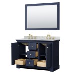 48 Inch Double Bathroom Vanity in Dark Blue, White Carrara Marble Countertop, Oval Sinks, 46 Inch Mirror