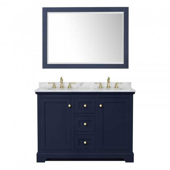 48 Inch Double Bathroom Vanity in Dark Blue, White Carrara Marble Countertop, Oval Sinks, 46 Inch Mirror