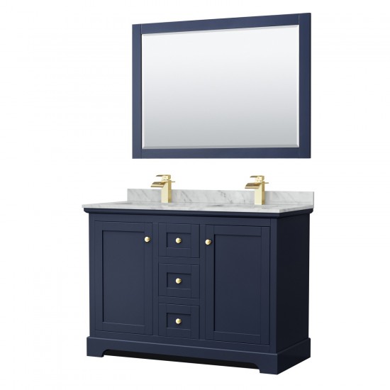 48 Inch Double Bathroom Vanity in Dark Blue, White Carrara Marble Countertop, Sinks, 46 Inch Mirror