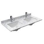 48 Inch Double Bathroom Vanity in Dark Blue, White Carrara Marble Countertop, Sinks, 46 Inch Mirror