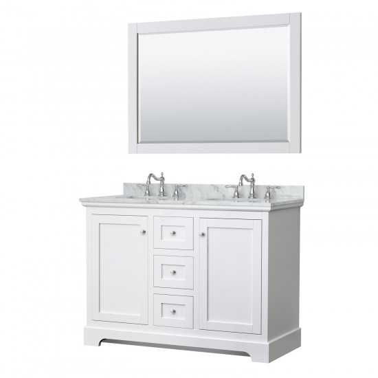 48 Inch Double Bathroom Vanity in White, White Carrara Marble Countertop, Oval Sinks, 46 Inch Mirror