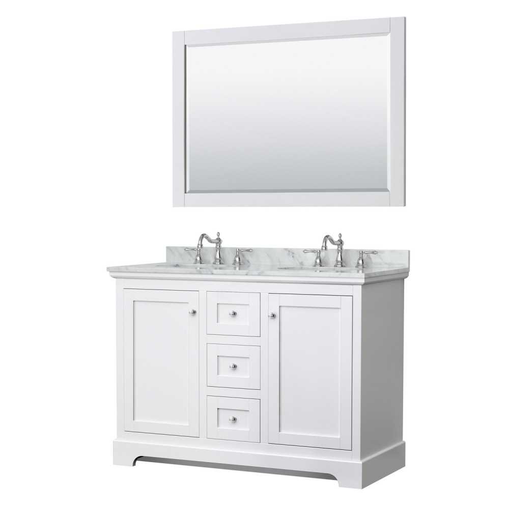 48 Inch Double Bathroom Vanity in White, White Carrara Marble Countertop, Oval Sinks, 46 Inch Mirror 48 Inch Double Bathroom Vanity in White, White Carrara Marble Countertop, Oval Sinks, 46 Inch Mirror