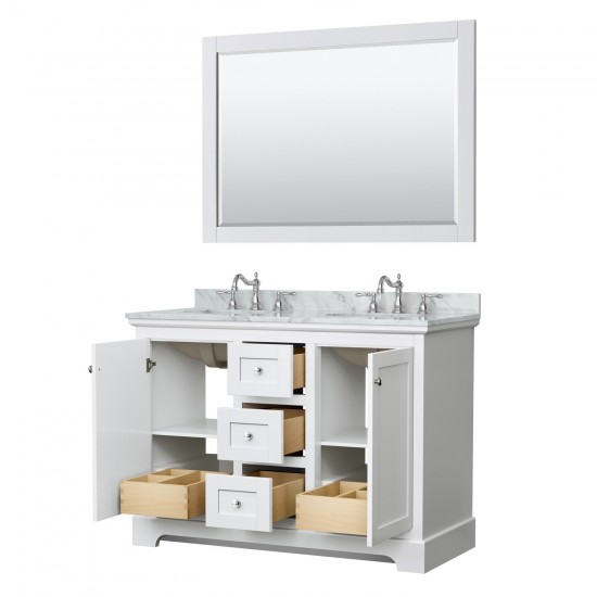 48 Inch Double Bathroom Vanity in White, White Carrara Marble Countertop, Oval Sinks, 46 Inch Mirror