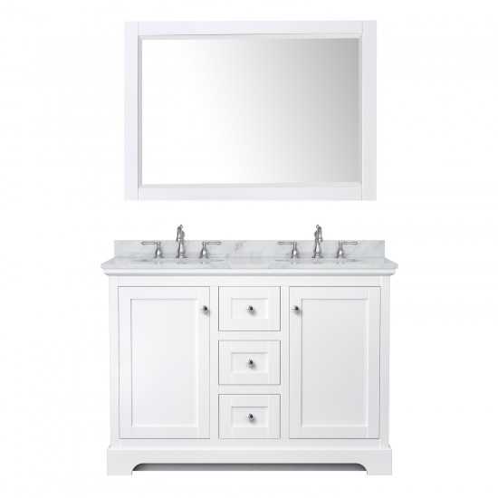 48 Inch Double Bathroom Vanity in White, White Carrara Marble Countertop, Oval Sinks, 46 Inch Mirror