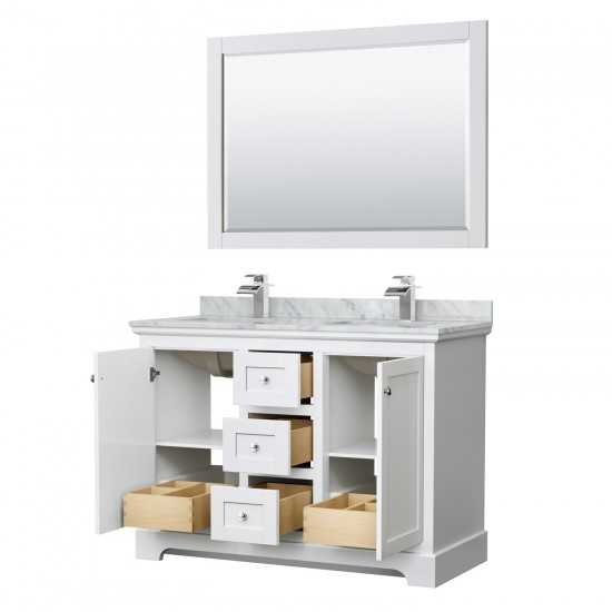 48 Inch Double Bathroom Vanity in White, White Carrara Marble Countertop, Sinks, 46 Inch Mirror