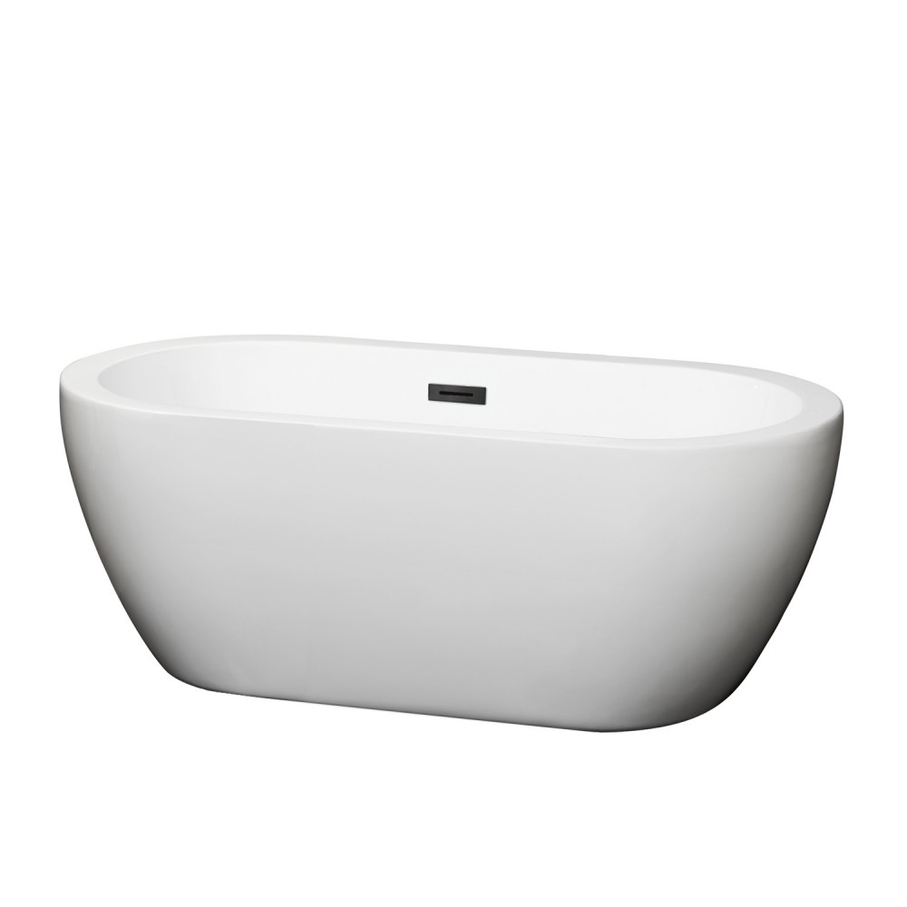 60 Inch Freestanding Bathtub in White, Matte Black Drain and Overflow Trim