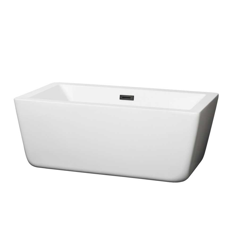 59 Inch Freestanding Bathtub in White, Matte Black Drain and Overflow Trim