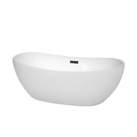 65 Inch Freestanding Bathtub in White, Matte Black Drain and Overflow Trim
