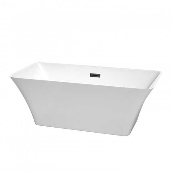 59 Inch Freestanding Bathtub in White, Matte Black Drain and Overflow Trim