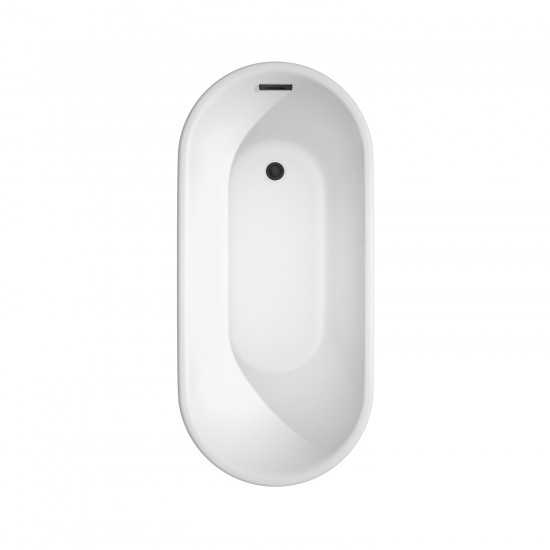 59 Inch Freestanding Bathtub in White, Matte Black Drain and Overflow Trim
