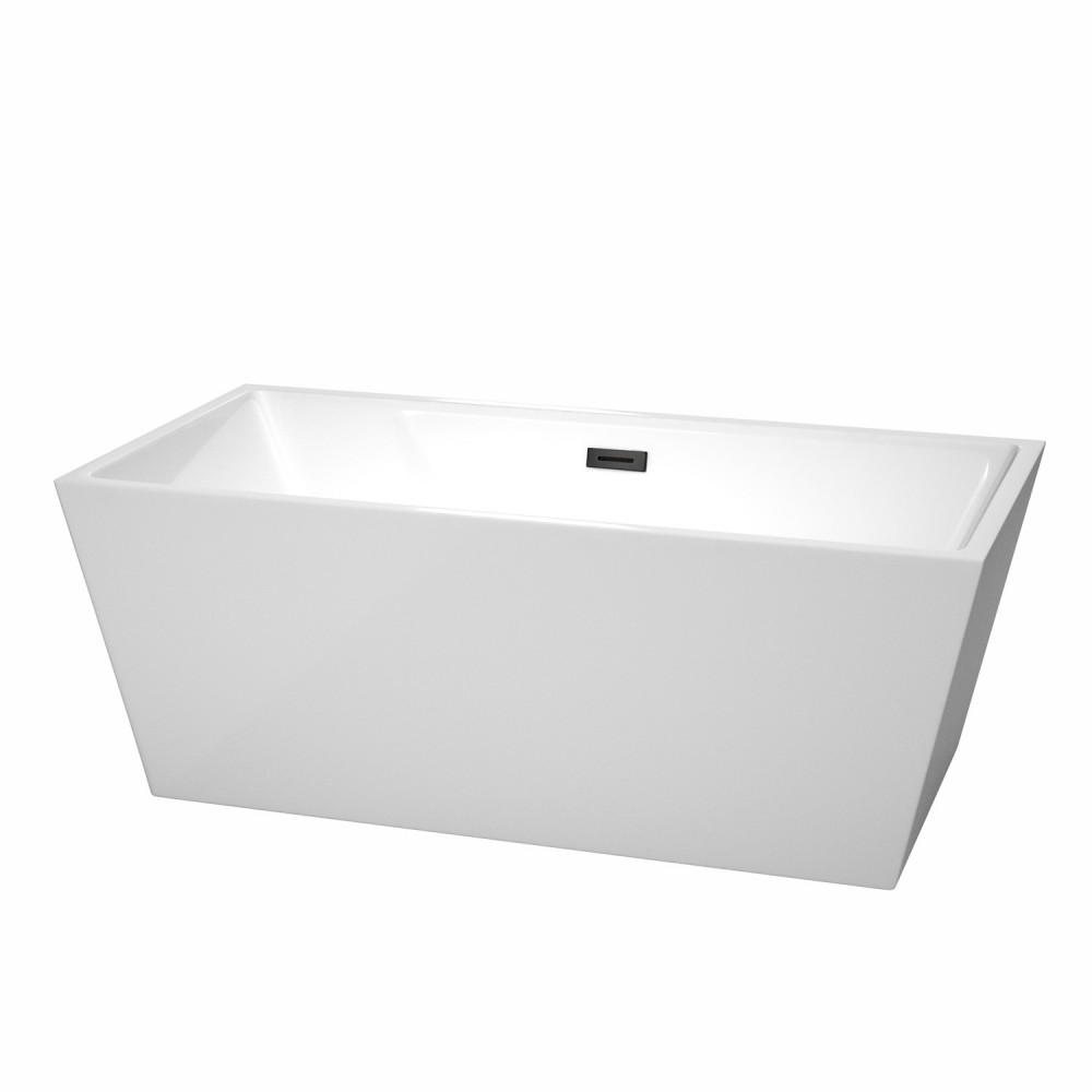 63 Inch Freestanding Bathtub in White, Matte Black Drain and Overflow Trim