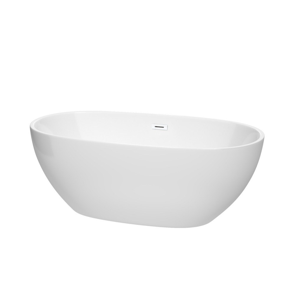 63 Inch Freestanding Bathtub in White, Shiny White Drain and Overflow Trim