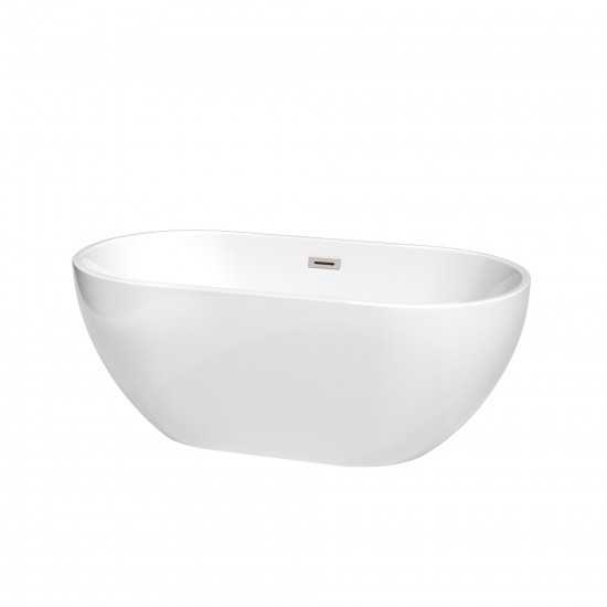 60 Inch Freestanding Bathtub in White, Brushed Nickel Drain and Overflow Trim