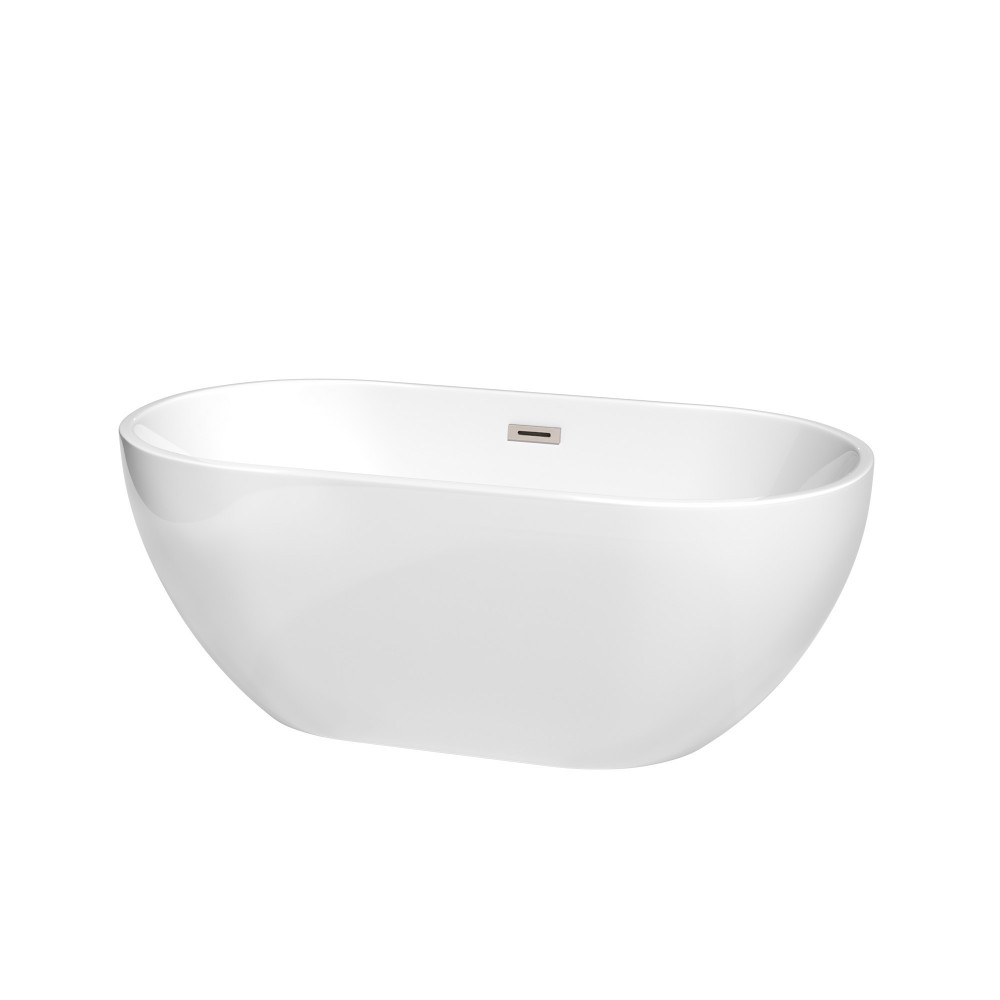 60 Inch Freestanding Bathtub in White, Brushed Nickel Drain and Overflow Trim