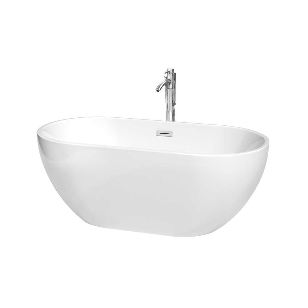 60 Inch Freestanding Bathtub in White, Floor Mounted Faucet, Drain, Trim in Chrome