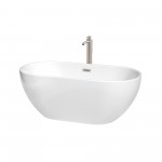 60 Inch Freestanding Bathtub in White, Floor Mounted Faucet, Drain, Trim in Nickel