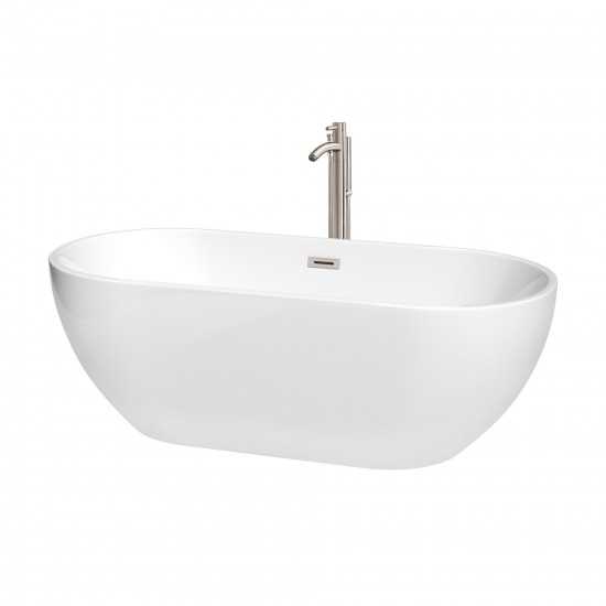 67 Inch Freestanding Bathtub in White, Floor Mounted Faucet, Drain, Trim in Nickel