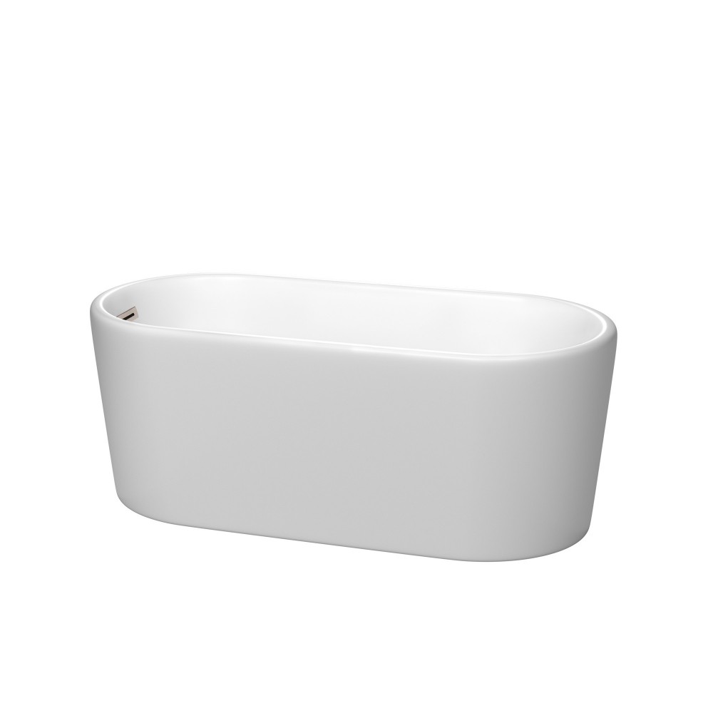 59 Inch Freestanding Bathtub in Matte White, Brushed Nickel Drain, Overflow Trim