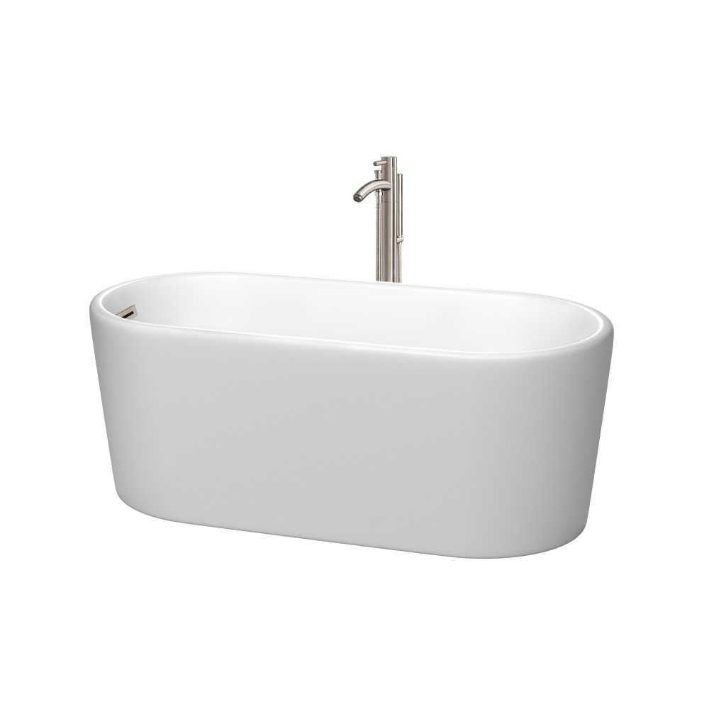 59 Inch Freestanding Bathtub in White, Floor Mounted Faucet, Drain, Trim in Nickel 59 Inch Freestanding Bathtub in White, Floor Mounted Faucet, Drain, Trim in Nickel