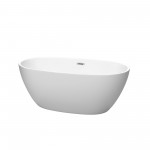 59 Inch Freestanding Bathtub in Matte White, Brushed Nickel Drain, Overflow Trim