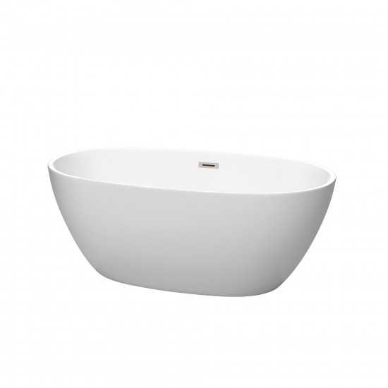 59 Inch Freestanding Bathtub in Matte White, Brushed Nickel Drain, Overflow Trim