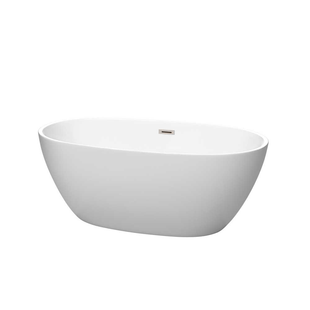 59 Inch Freestanding Bathtub in Matte White, Brushed Nickel Drain, Overflow Trim