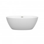 59 Inch Freestanding Bathtub in Matte White, Brushed Nickel Drain, Overflow Trim