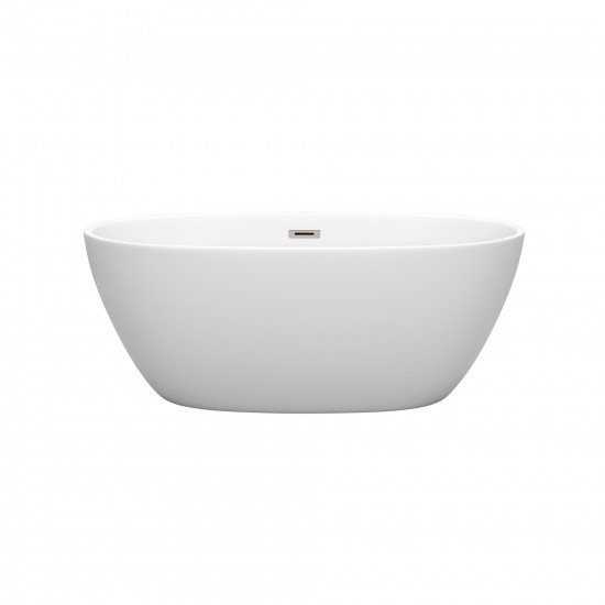 59 Inch Freestanding Bathtub in Matte White, Brushed Nickel Drain, Overflow Trim