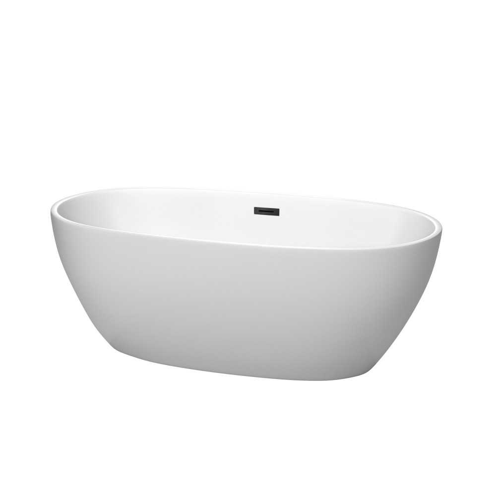 63 Inch Freestanding Bathtub in Matte White, Matte Black Drain and Overflow Trim