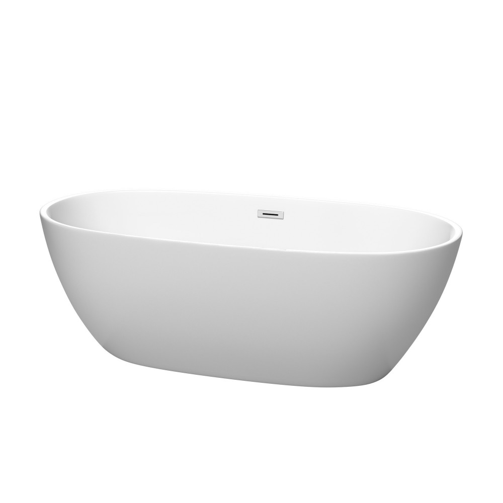 67 Inch Freestanding Bathtub in Matte White, Chrome Drain, Overflow Trim 67 Inch Freestanding Bathtub in Matte White, Chrome Drain, Overflow Trim