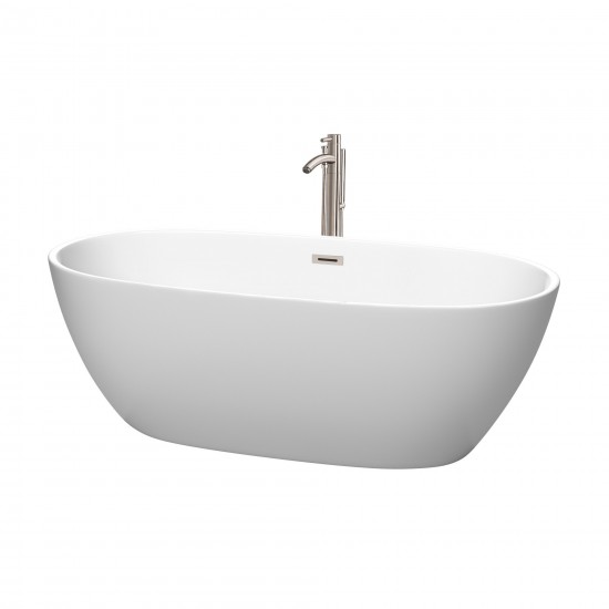 67 Inch Freestanding Bathtub in White, Floor Mounted Faucet, Drain, Trim in Nickel