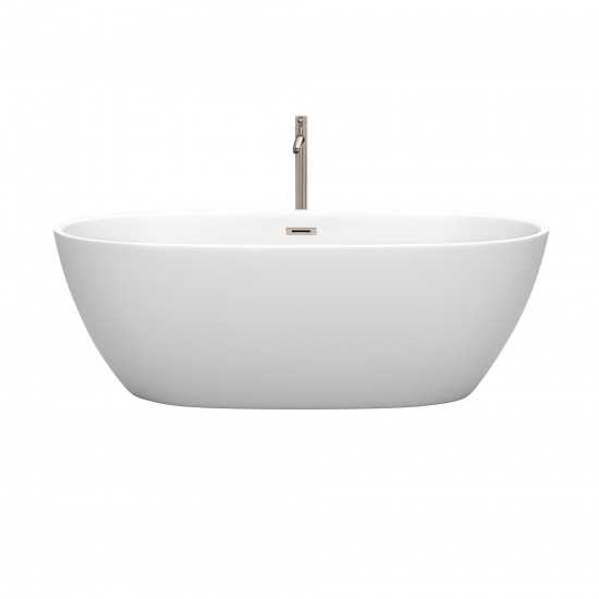 67 Inch Freestanding Bathtub in White, Floor Mounted Faucet, Drain, Trim in Nickel