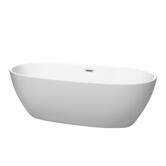 71 Inch Freestanding Bathtub in Matte White, Brushed Nickel Drain, Overflow Trim