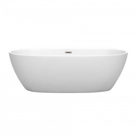 71 Inch Freestanding Bathtub in Matte White, Brushed Nickel Drain, Overflow Trim