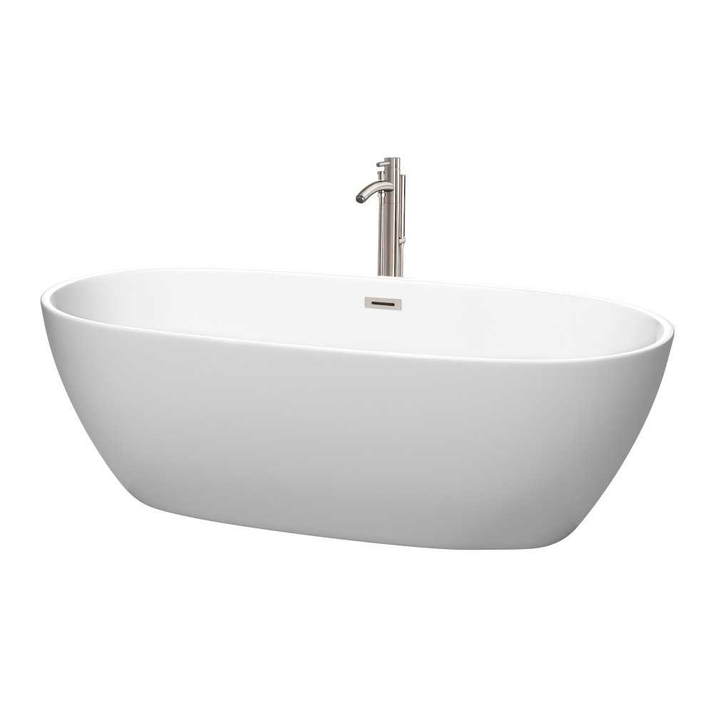 71 Inch Freestanding Bathtub in White, Floor Mounted Faucet, Drain, Trim in Nickel 71 Inch Freestanding Bathtub in White, Floor Mounted Faucet, Drain, Trim in Nickel