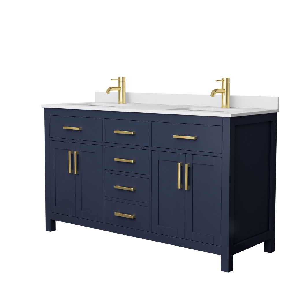 60 Inch Double Bathroom Vanity in Dark Blue, White Cultured Marble Countertop, Sinks, No Mirror