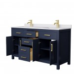 60 Inch Double Bathroom Vanity in Dark Blue, White Cultured Marble Countertop, Sinks, No Mirror