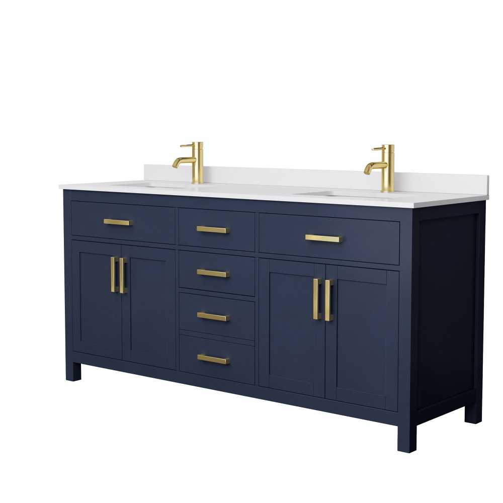 72 Inch Double Bathroom Vanity in Dark Blue, White Cultured Marble Countertop, Sinks, No Mirror