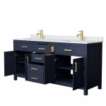 72 Inch Double Bathroom Vanity in Dark Blue, White Cultured Marble Countertop, Sinks, No Mirror