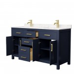 60 Inch Double Bathroom Vanity in Dark Blue, Carrara Cultured Marble Countertop, Sinks, No Mirror