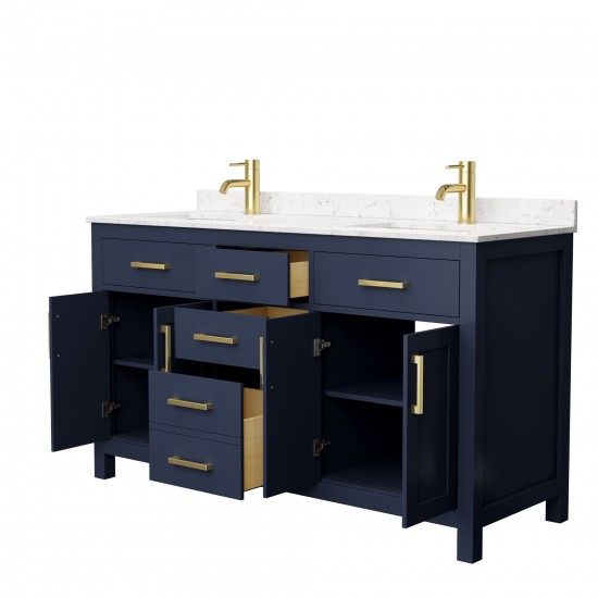 60 Inch Double Bathroom Vanity in Dark Blue, Carrara Cultured Marble Countertop, Sinks, No Mirror