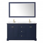 60 Inch Double Bathroom Vanity in Dark Blue, White Cultured Marble Countertop, Sinks, 58 Inch Mirror